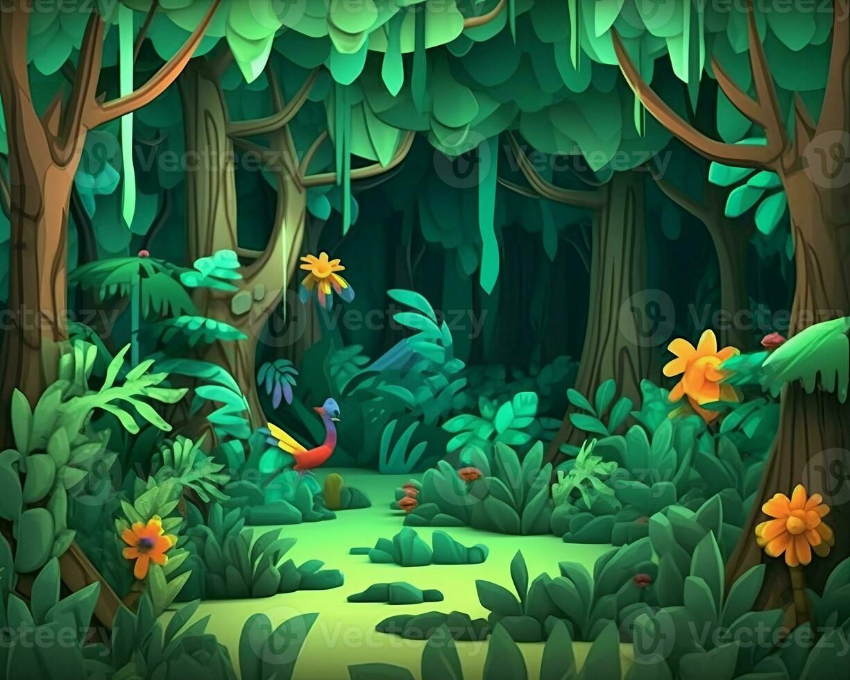 an illustration of a jungle scene with birds and flowers generative AI photo