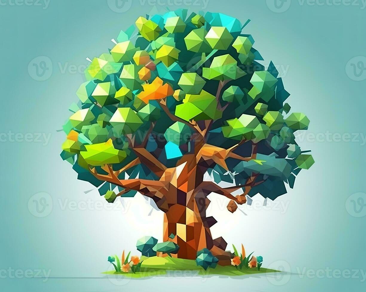 an illustration of a low poly tree on a blue background generative AI photo