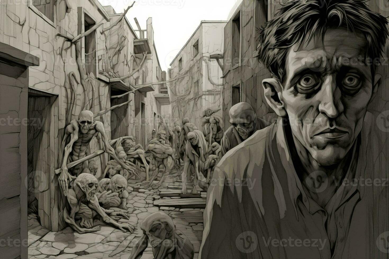 an illustration of a man in a city with zombies around him generative AI photo