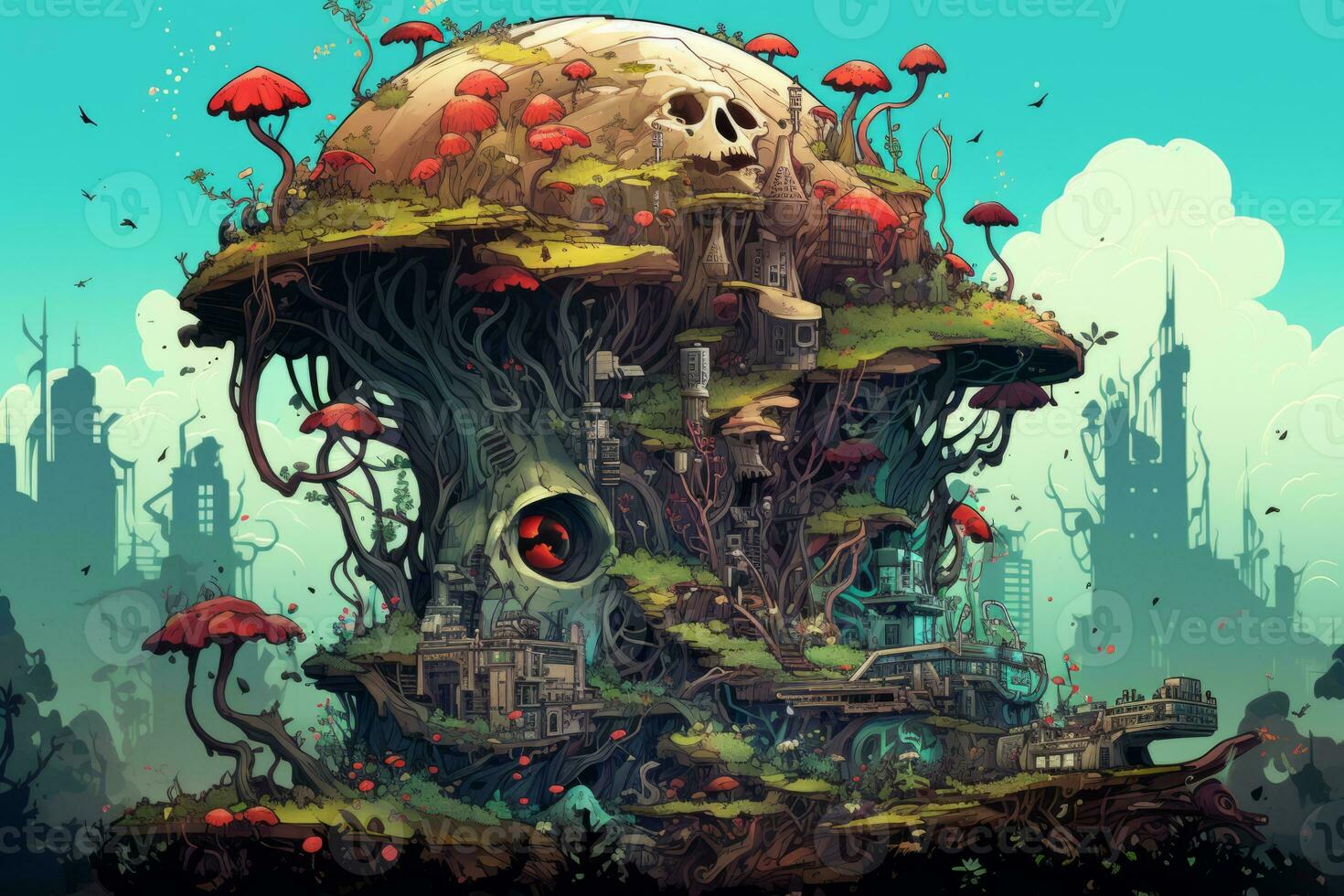 an illustration of a mushroom house with a skull on top generative AI photo