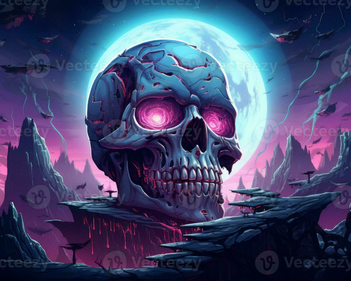 an illustration of a skull with glowing eyes in front of a full moon generative AI photo
