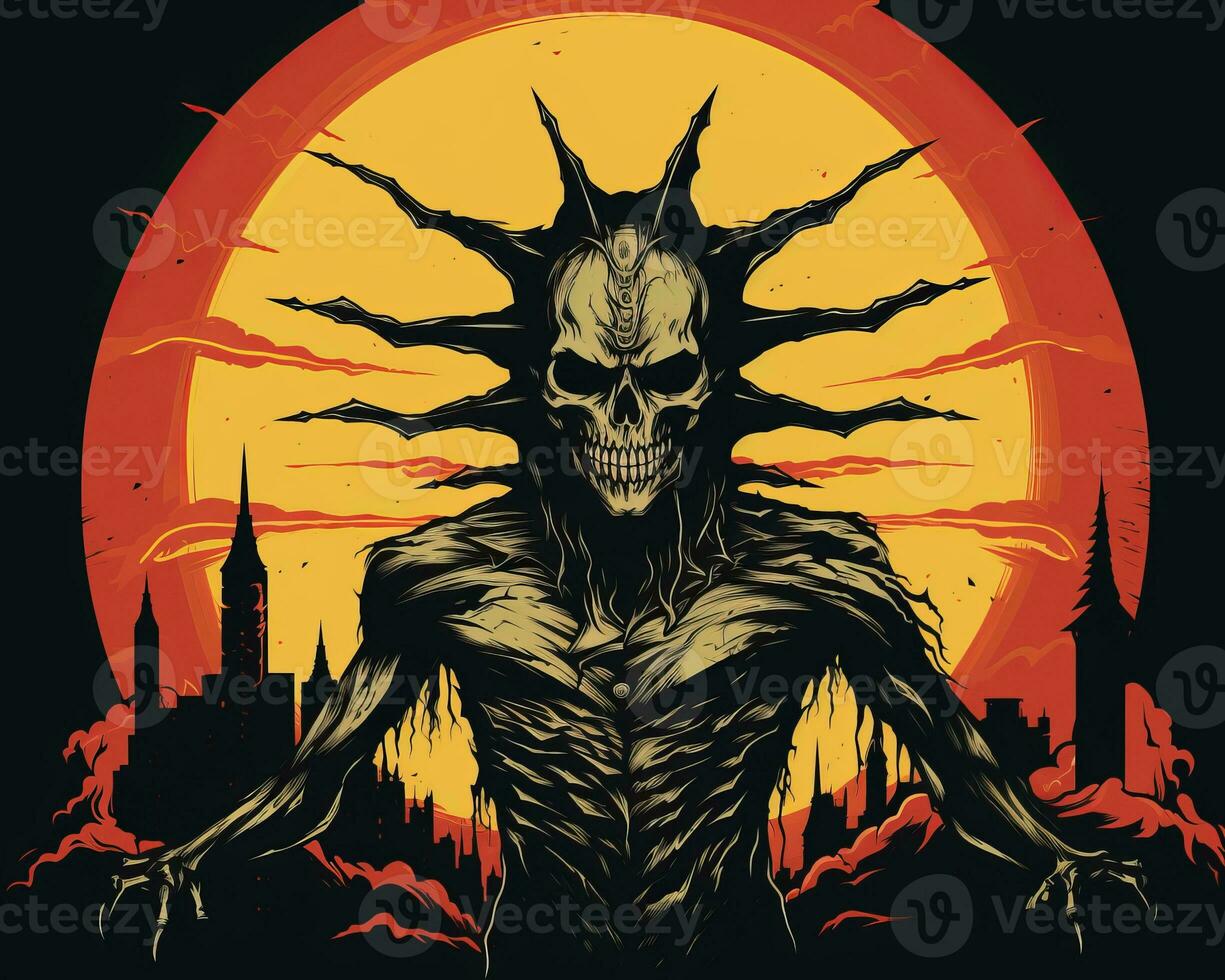 an illustration of a skeleton with a sun in the background generative AI photo
