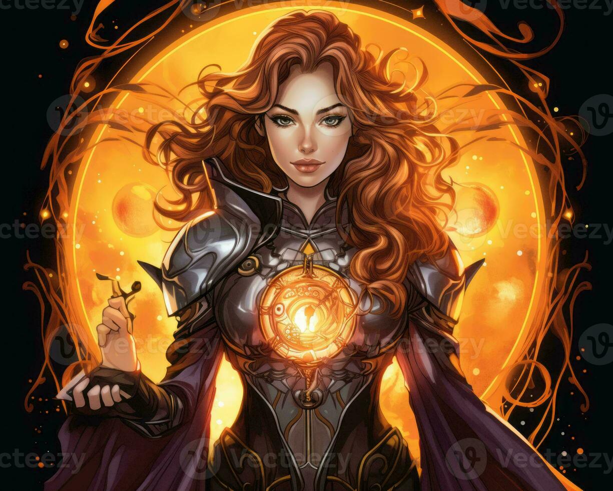an illustration of a woman in armor holding an orb generative AI photo