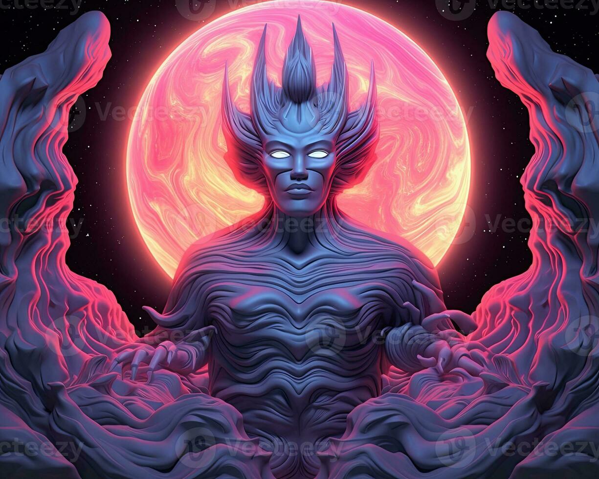 an illustration of a woman with blue and purple hair sitting in front of a full moon generative AI photo