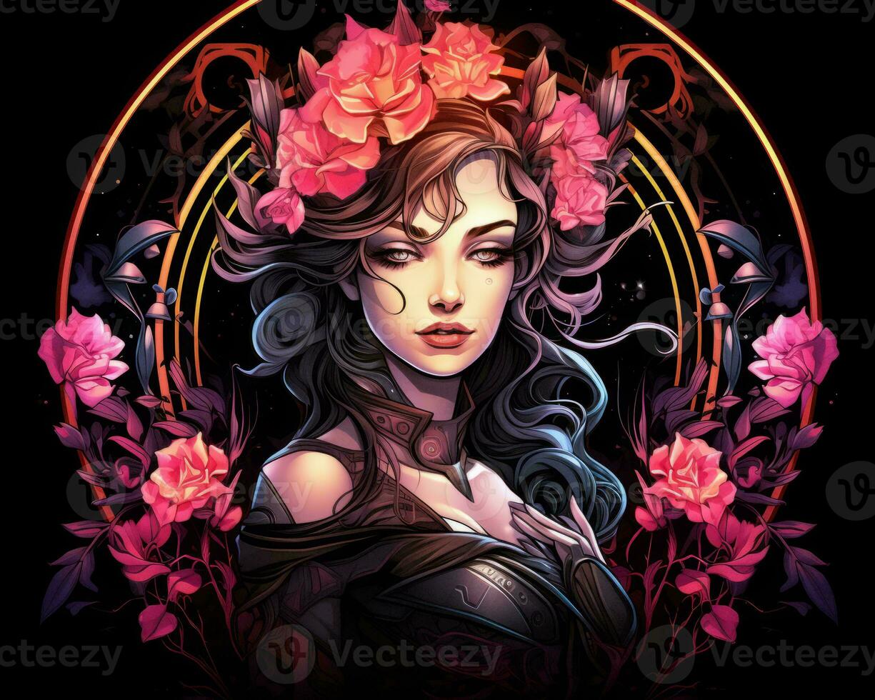 an illustration of a woman with flowers in her hair generative AI photo