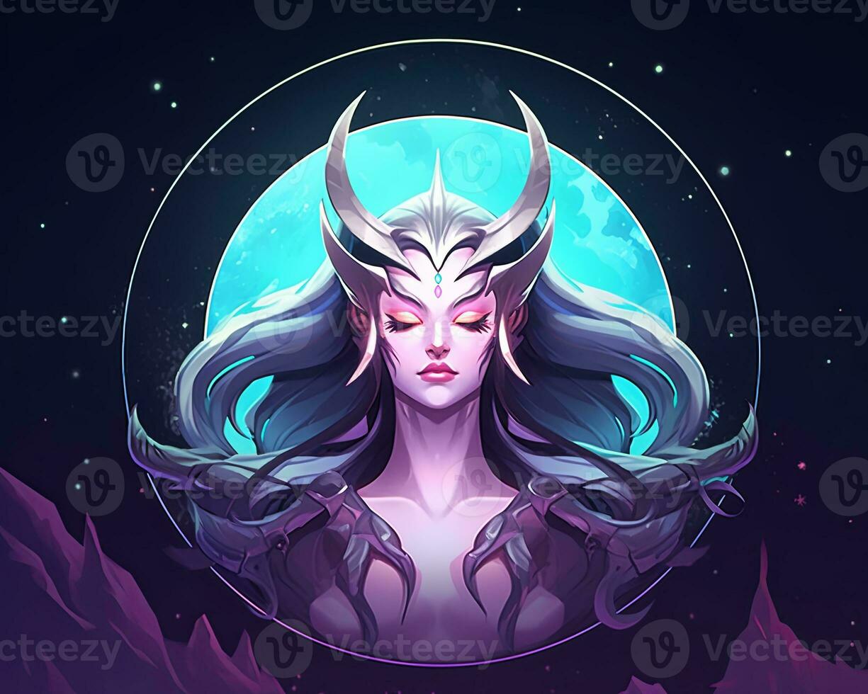 an illustration of a woman with horns on her head in front of a full moon generative AI photo