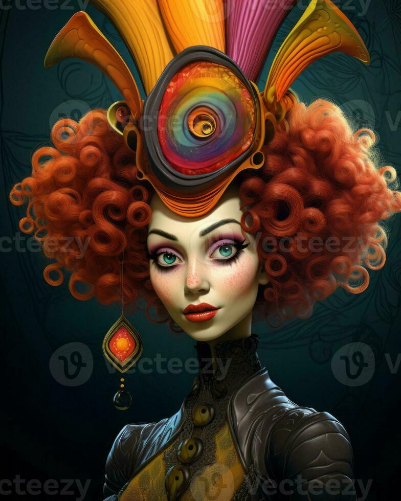 an illustration of a woman with red hair and an elaborate hat generative AI photo
