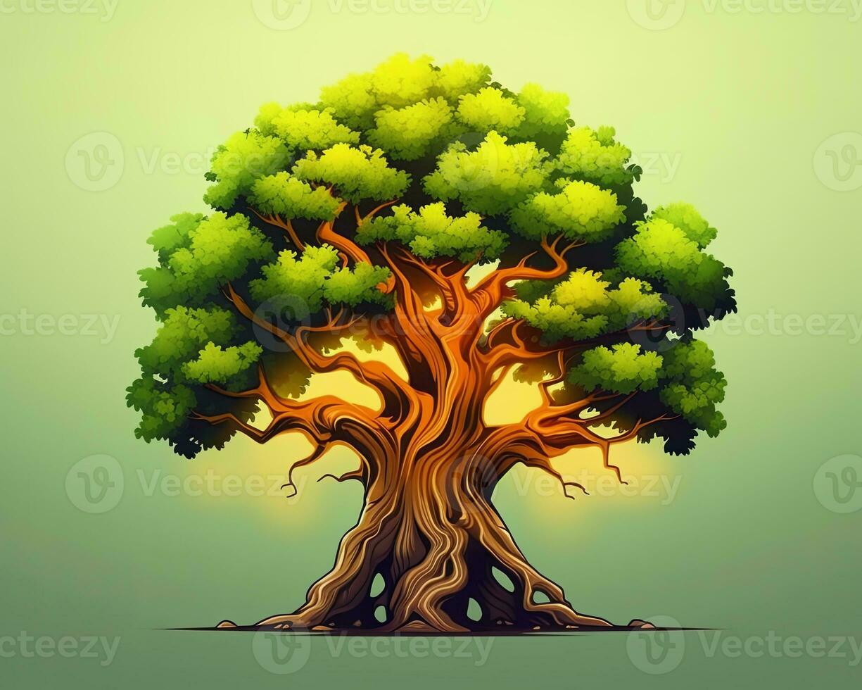an illustration of an old tree on a green background generative AI photo