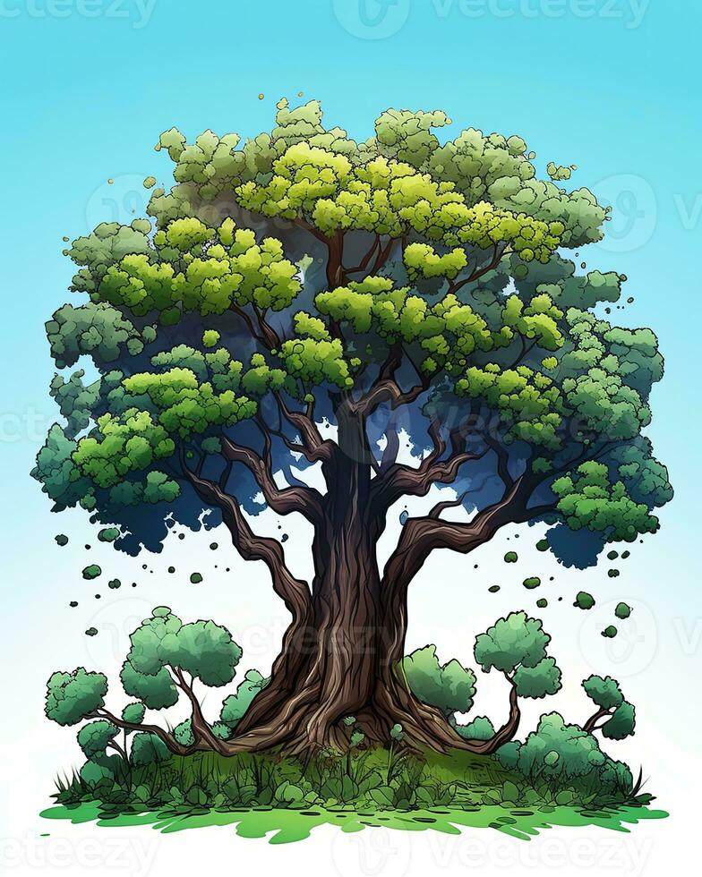 an illustration of an old tree with green leaves generative AI photo