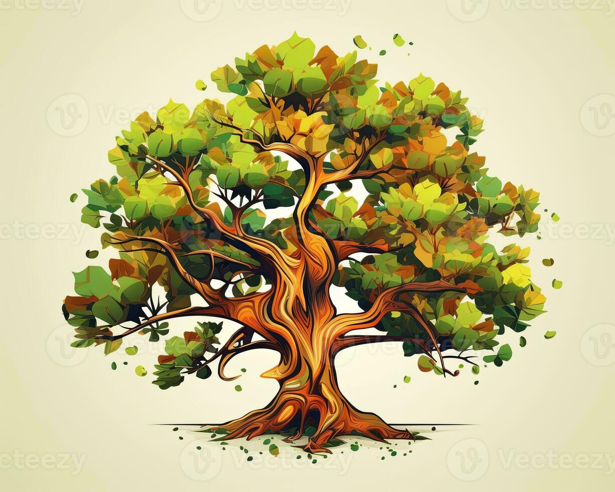 an illustration of an old oak tree with leaves generative AI photo