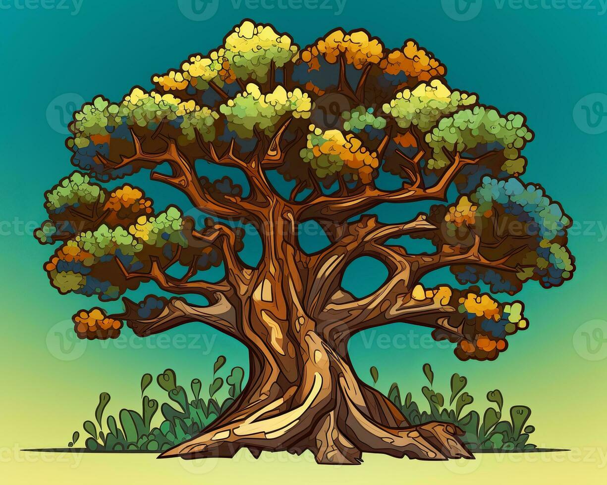 an illustration of an old tree in a cartoon style generative AI photo