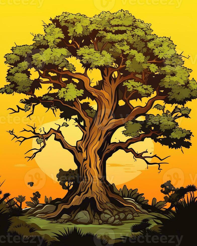 an illustration of an old tree with a sunset in the background generative AI photo