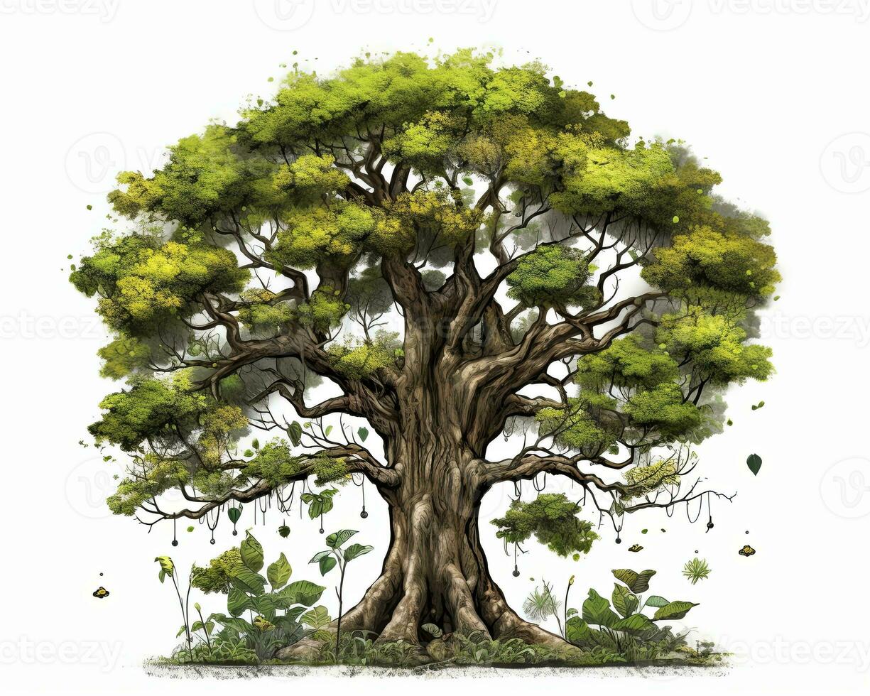 an illustration of an old tree with leaves generative AI photo
