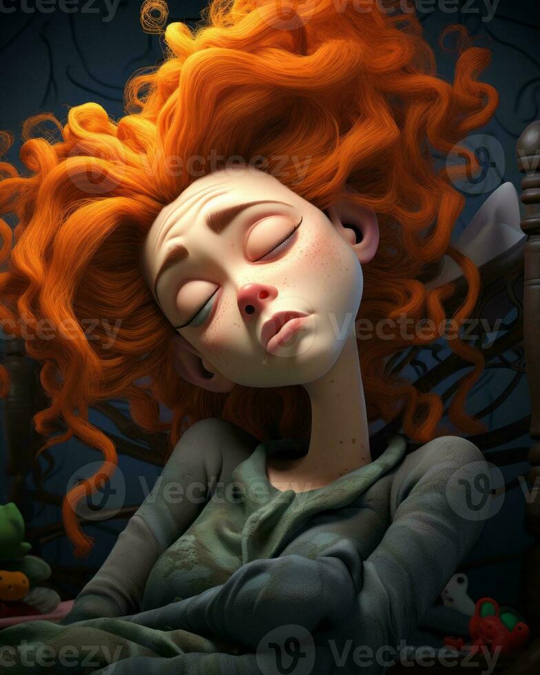an illustration of an orange haired girl sleeping on a bed generative AI photo