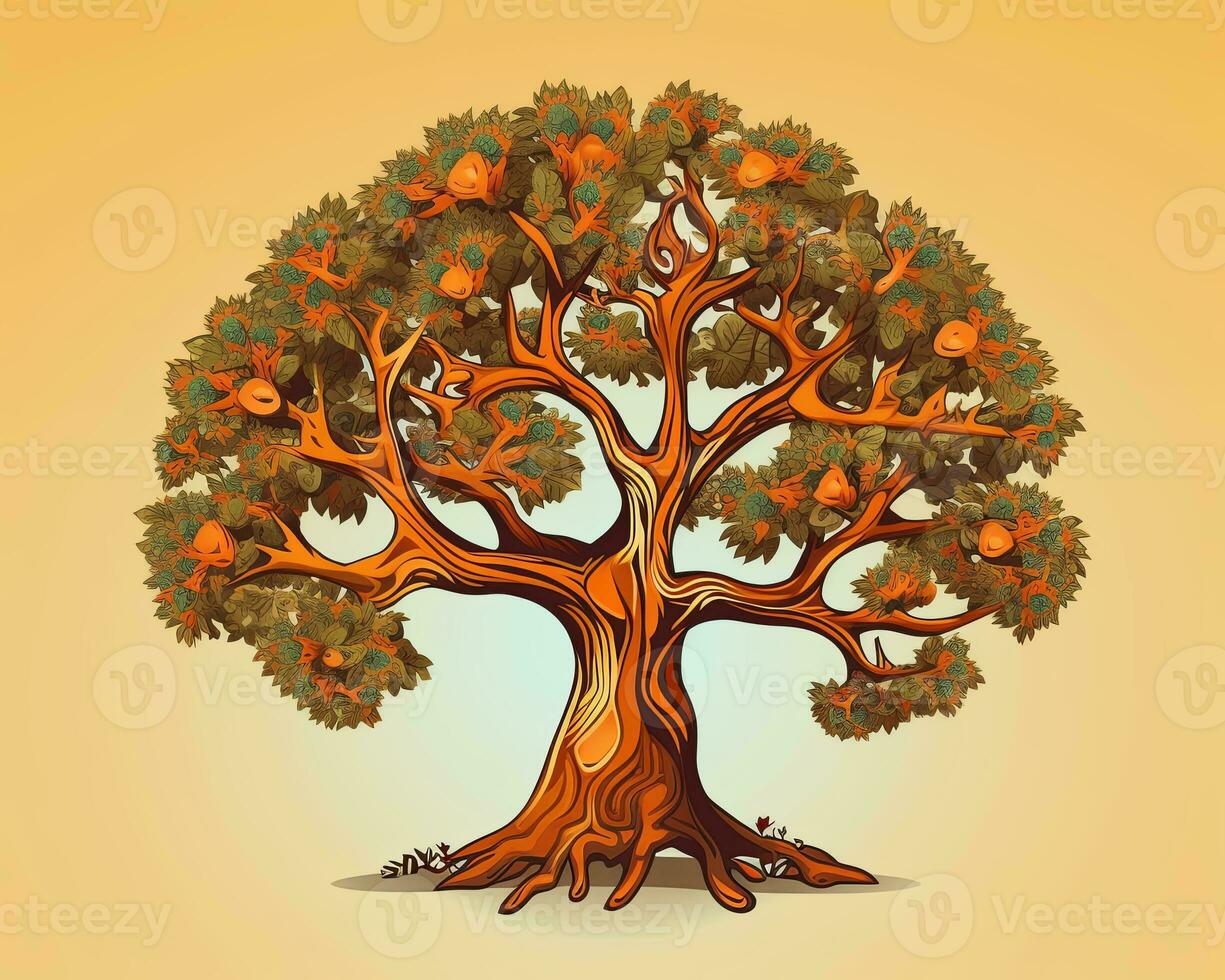 an illustration of an orange tree on a yellow background generative AI photo