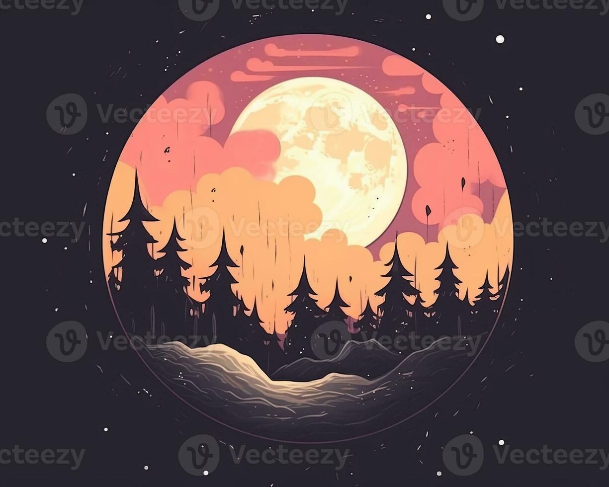 an illustration of the night sky with trees and a full moon generative AI photo