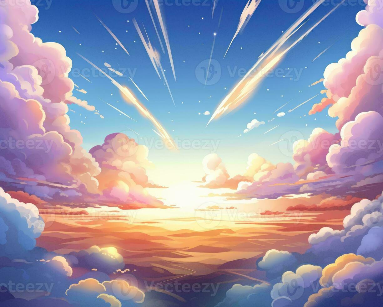 an illustration of the sky with clouds and meteors generative AI photo