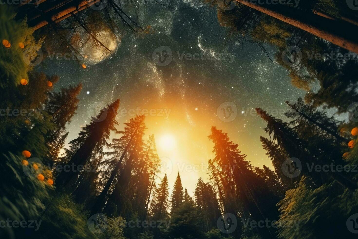 an image of a forest at night with the sun in the sky generative AI photo