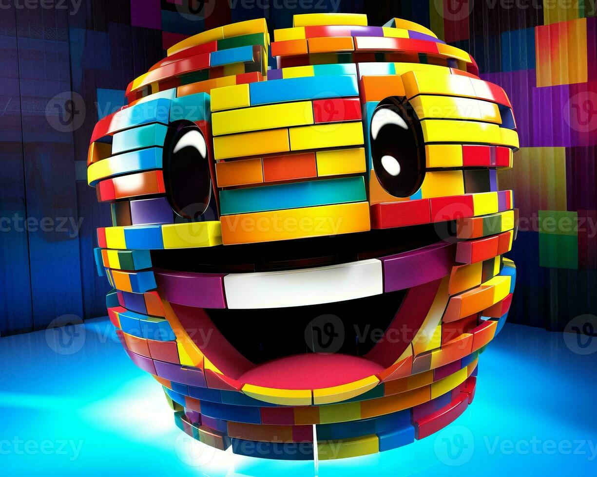 an image of a multicolored brick head with a smiley face generative AI photo