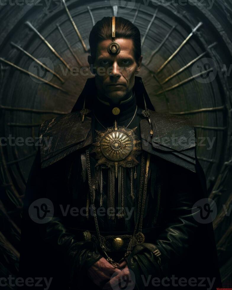 an image of a man in a costume standing in front of a clock generative AI photo