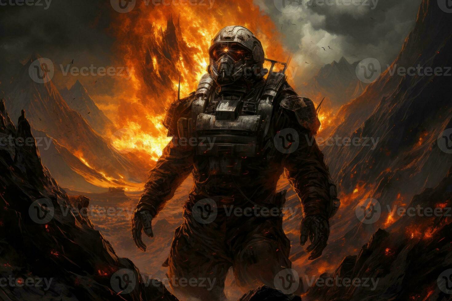 an image of a man standing in front of a burning mountain generative AI photo