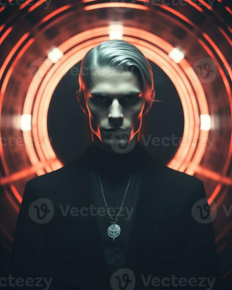 an image of a man with white hair and a black suit generative AI photo