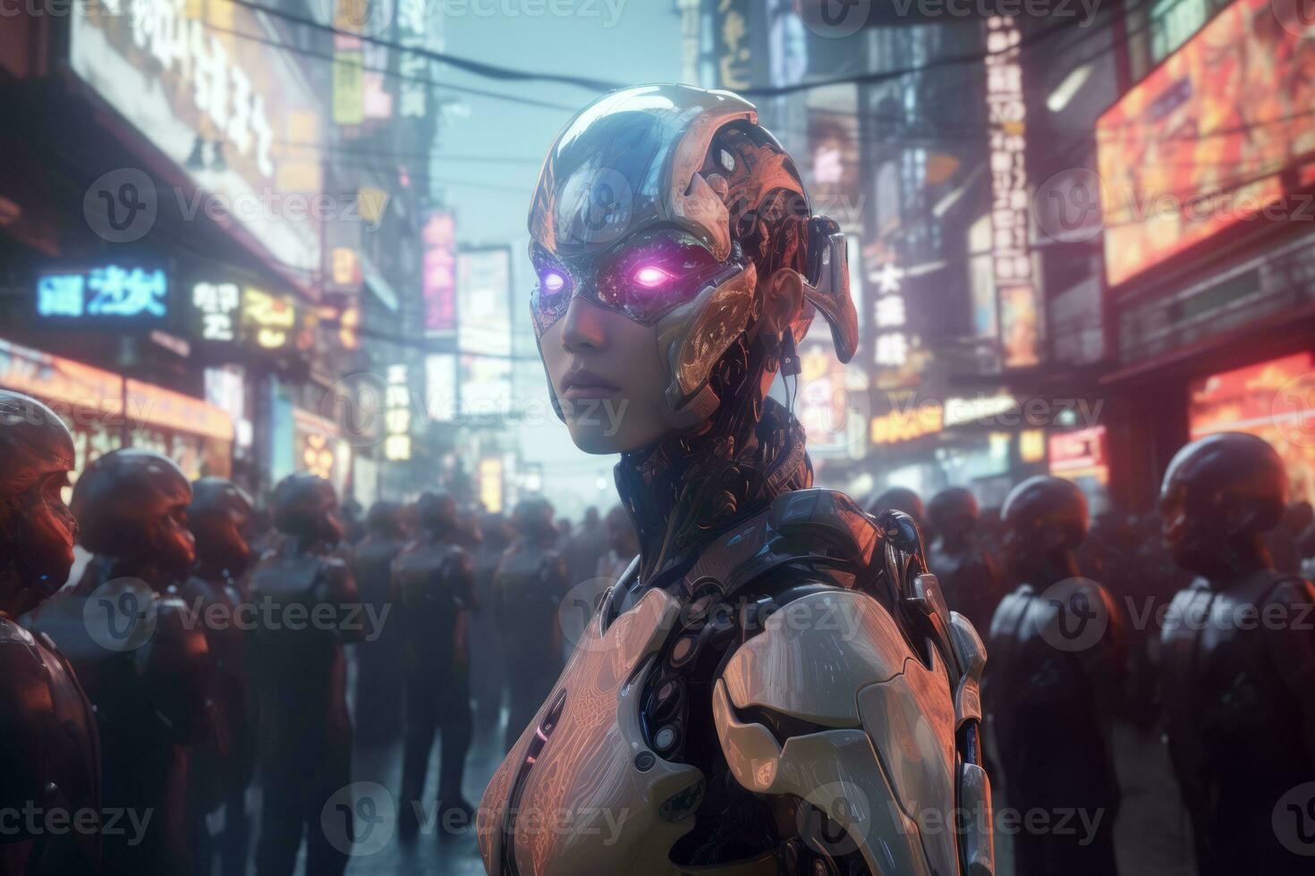 an image of a robot standing in a crowd of people generative AI photo