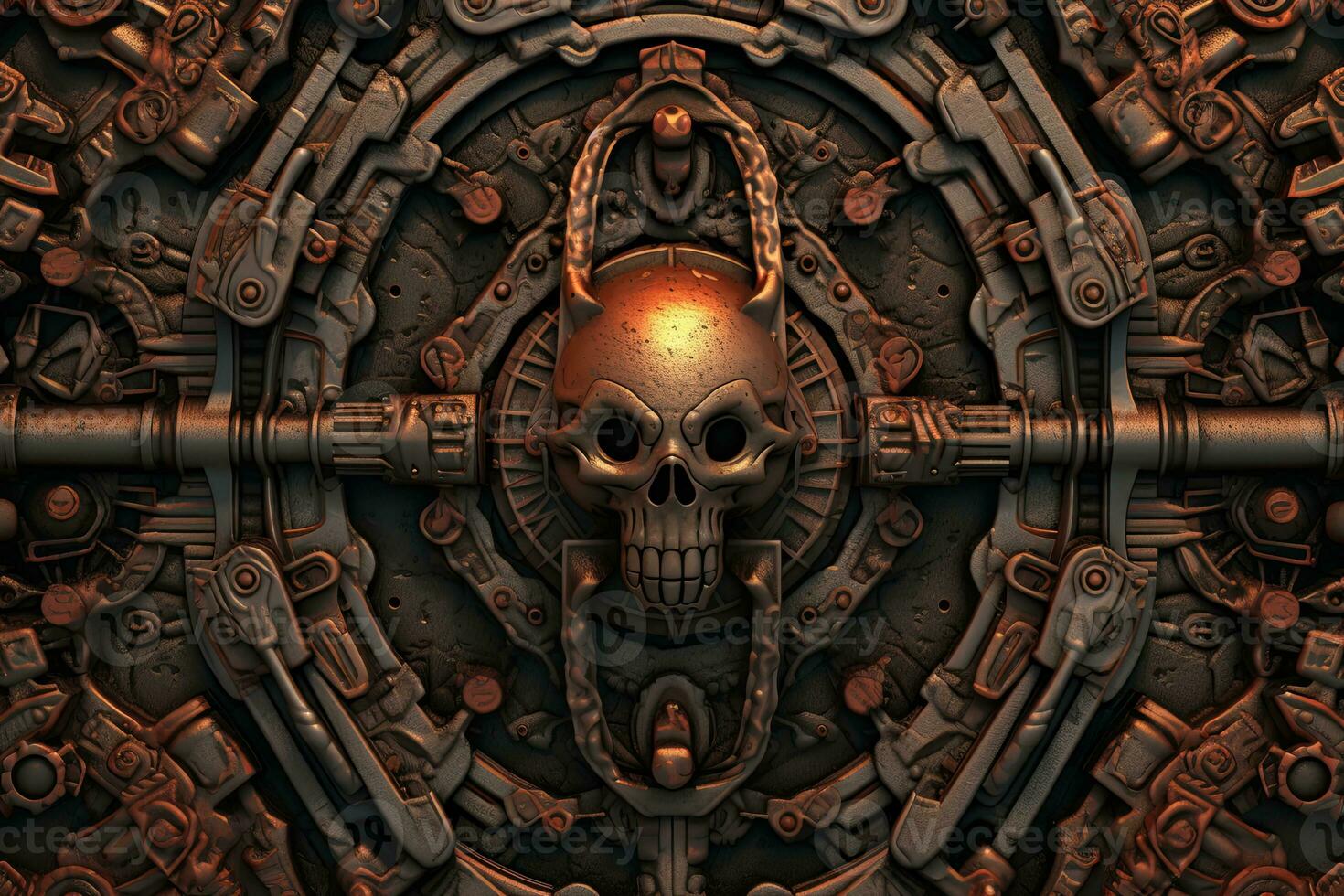 an image of a skull with a gun in front of a metal door generative AI photo