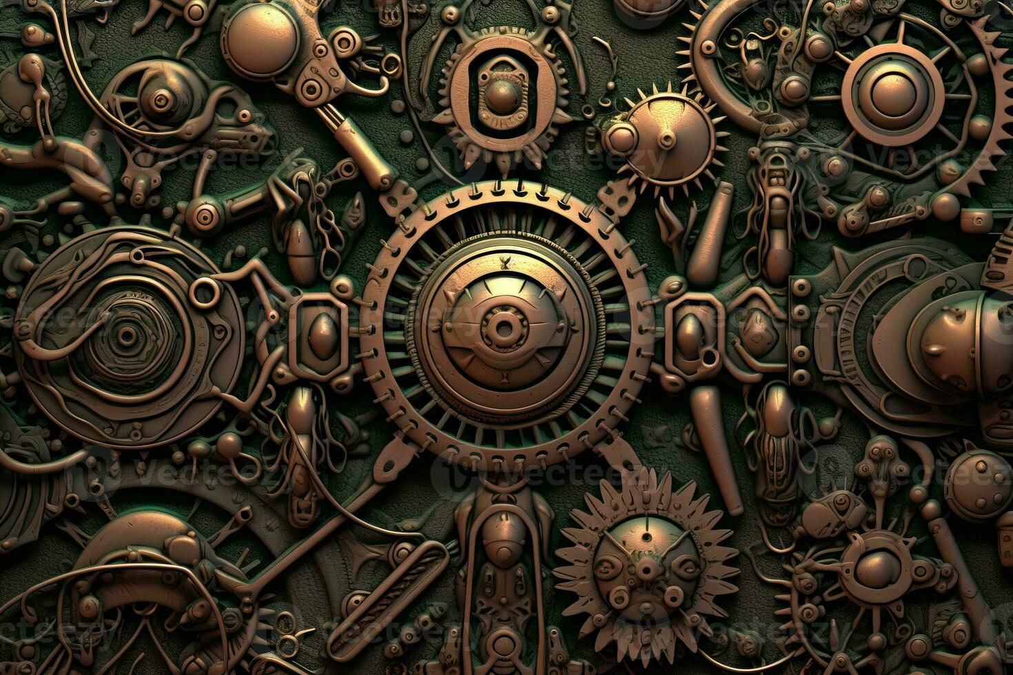 an image of a steampunk wall with many gears generative AI photo