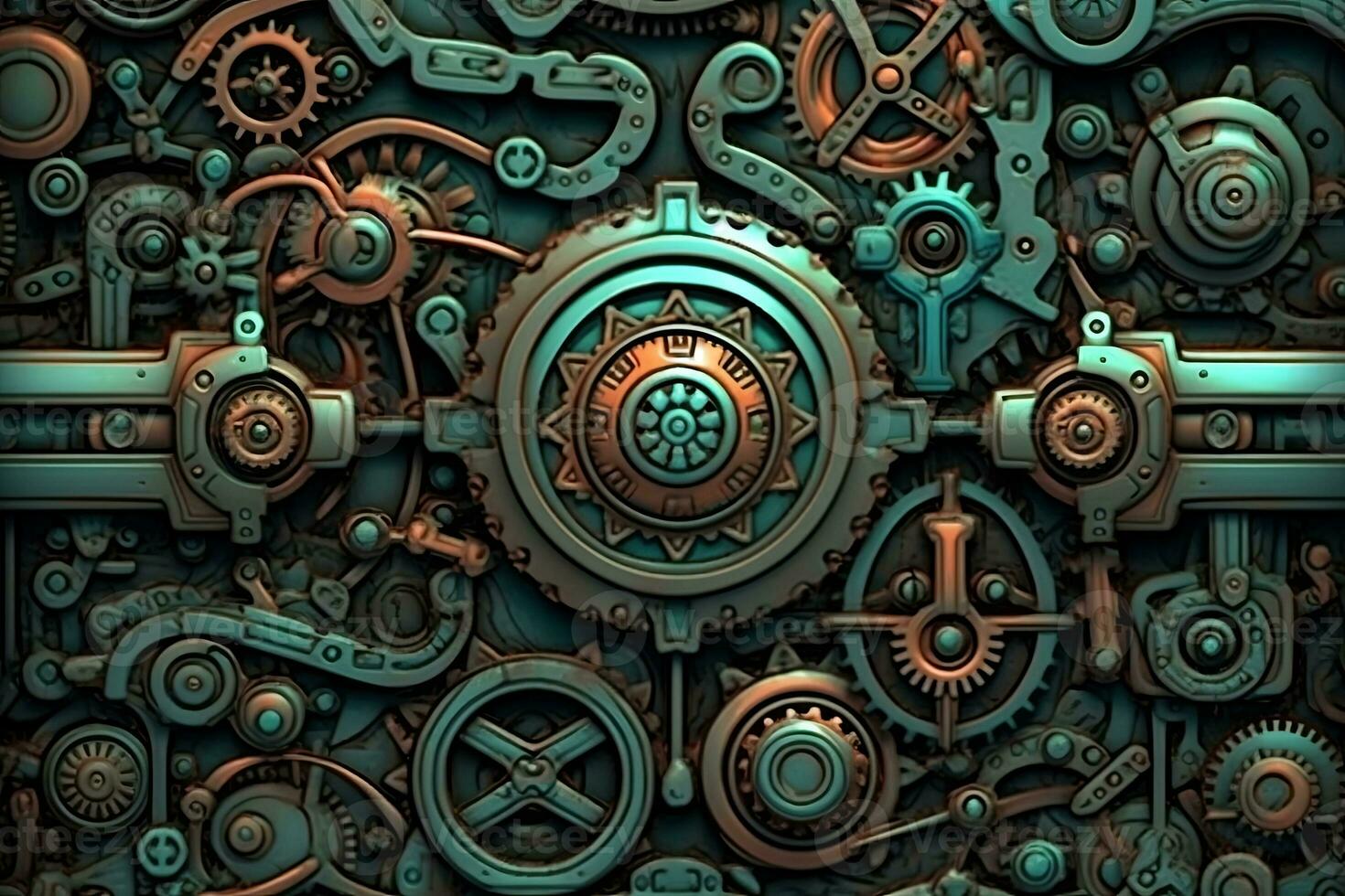 an image of a steampunk background with many gears generative AI photo