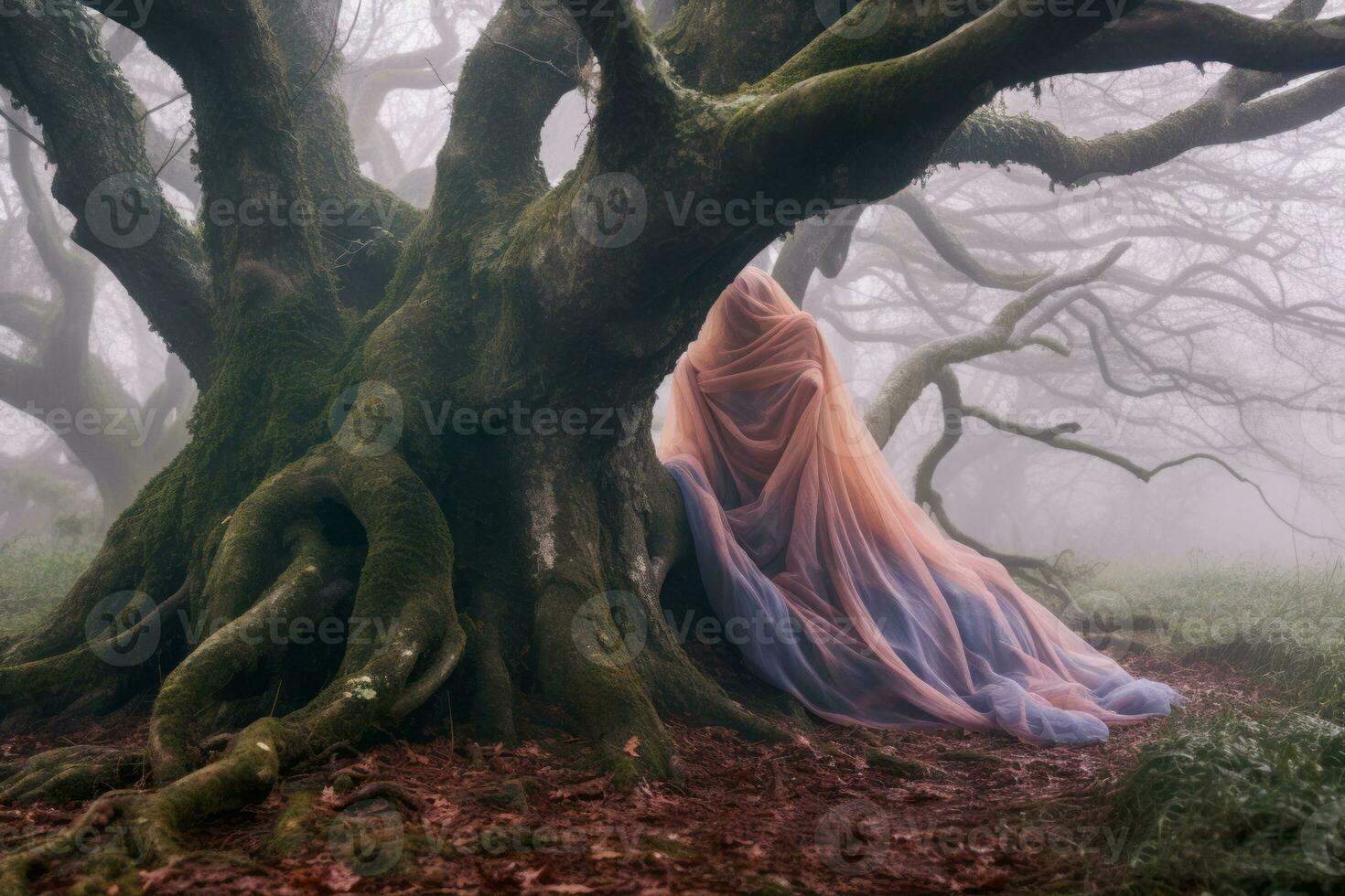 an image of a woman in a blue dress standing in front of a tree generative AI photo