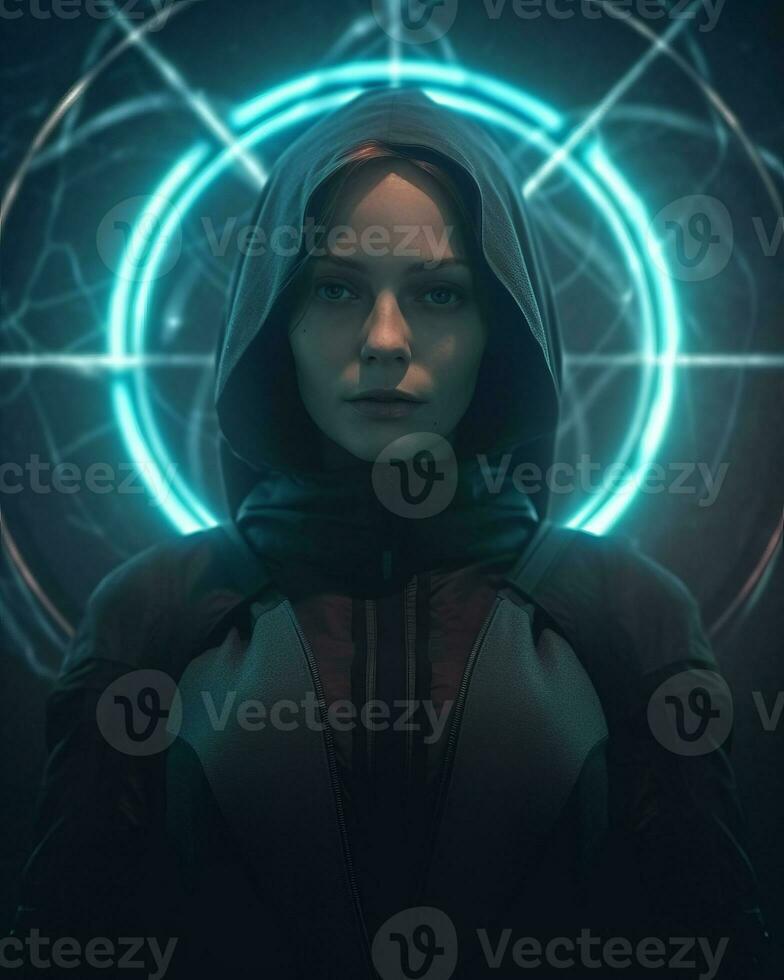 an image of a woman in a hoodie with glowing circles around her generative AI photo
