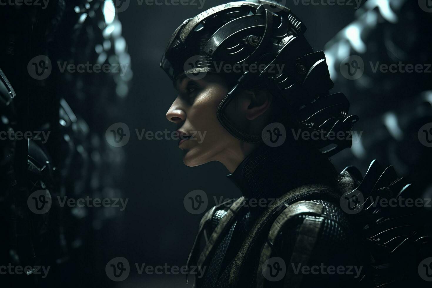 an image of a woman wearing a helmet in a dark room generative AI photo