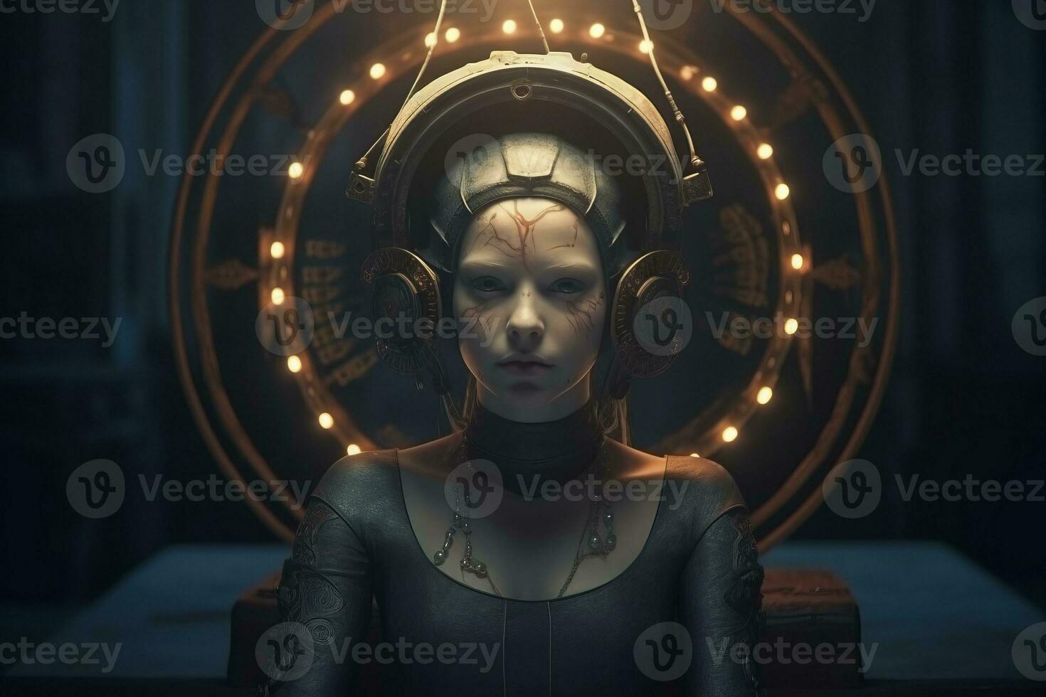 an image of a woman wearing headphones in front of a clock generative AI photo