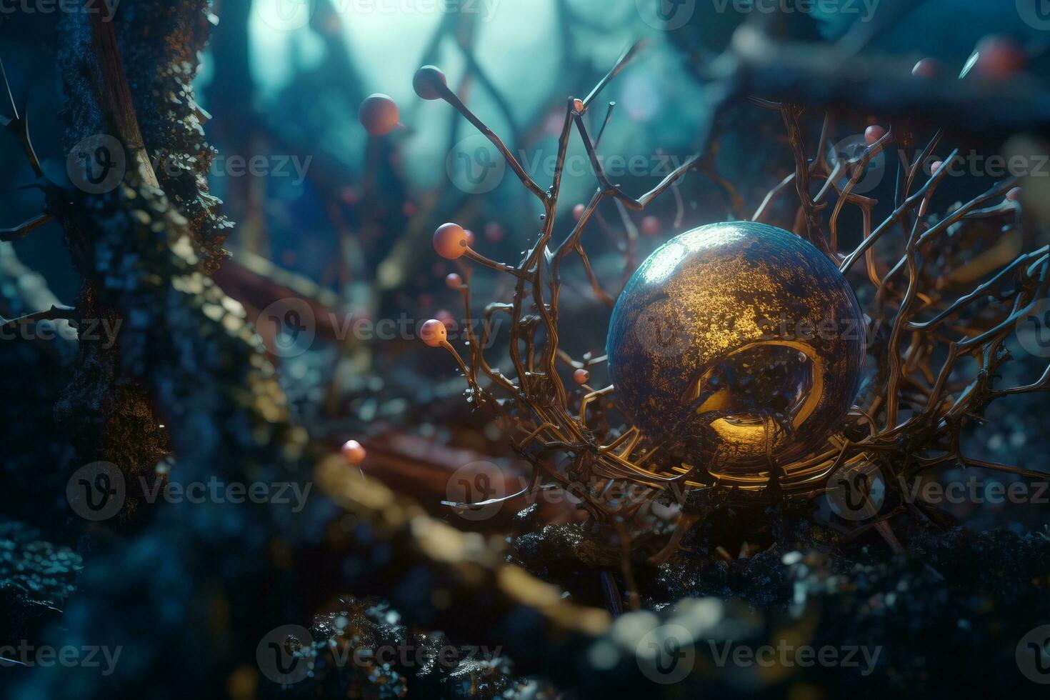 an image of an egg sitting in a nest surrounded by branches generative AI photo