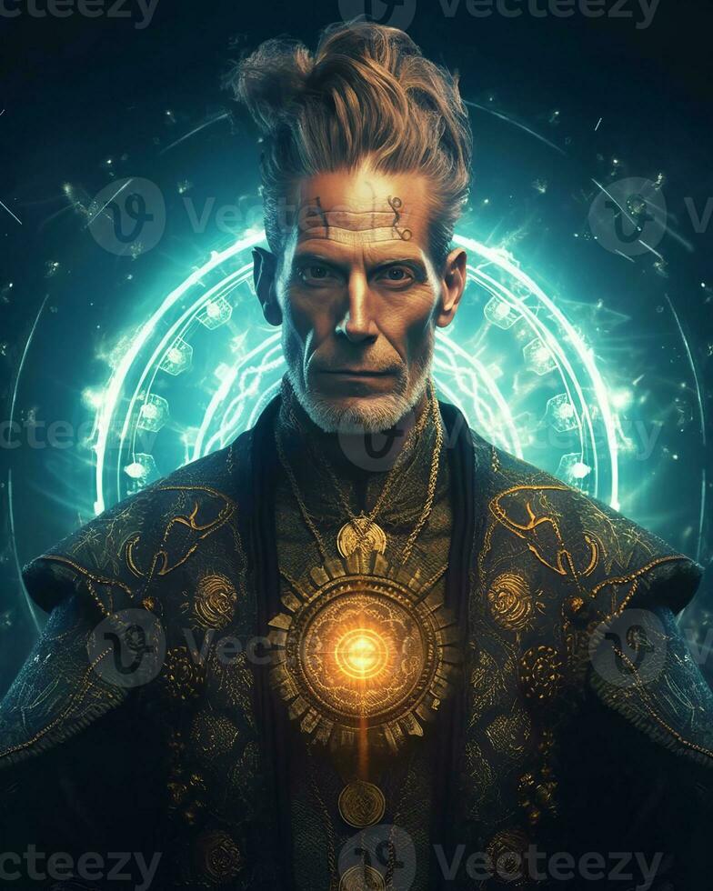 an image of an old man with glowing eyes generative AI photo