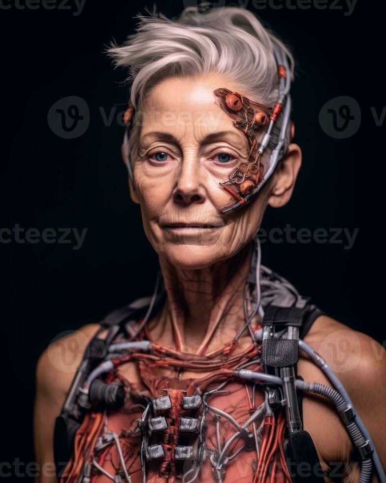 an older woman with a robot suit on her face generative AI photo