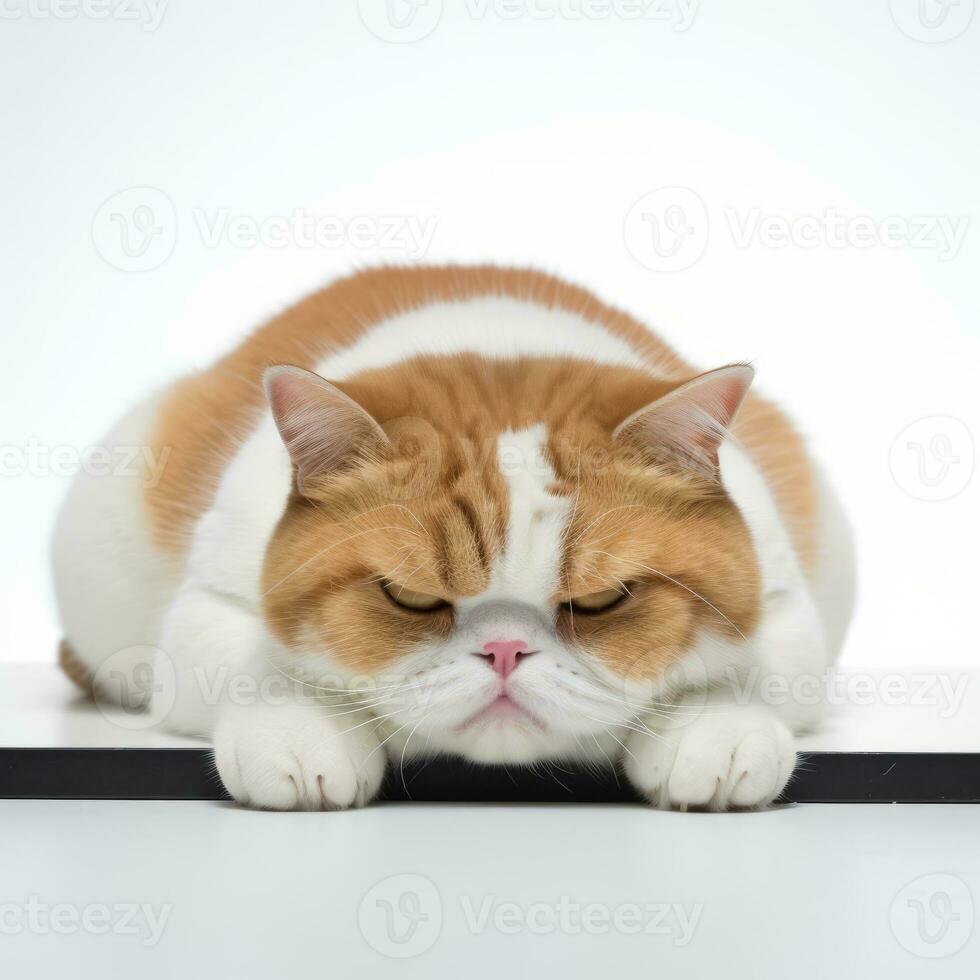 an orange and white cat is resting on a white surface generative AI photo