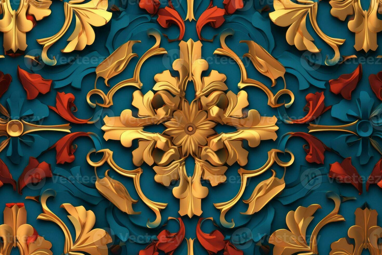 an ornate wallpaper with gold and red flowers on it generative AI
