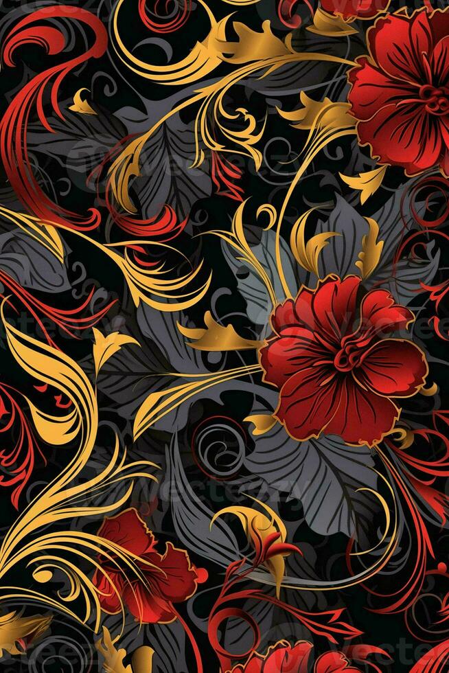 seamless floral pattern with red gold and black flowers on a black background generative AI photo