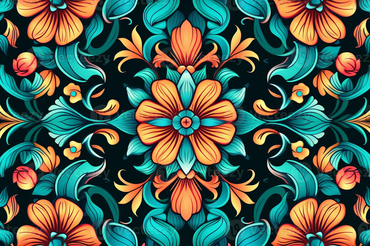 seamless floral pattern with orange and blue flowers on a black background generative AI photo