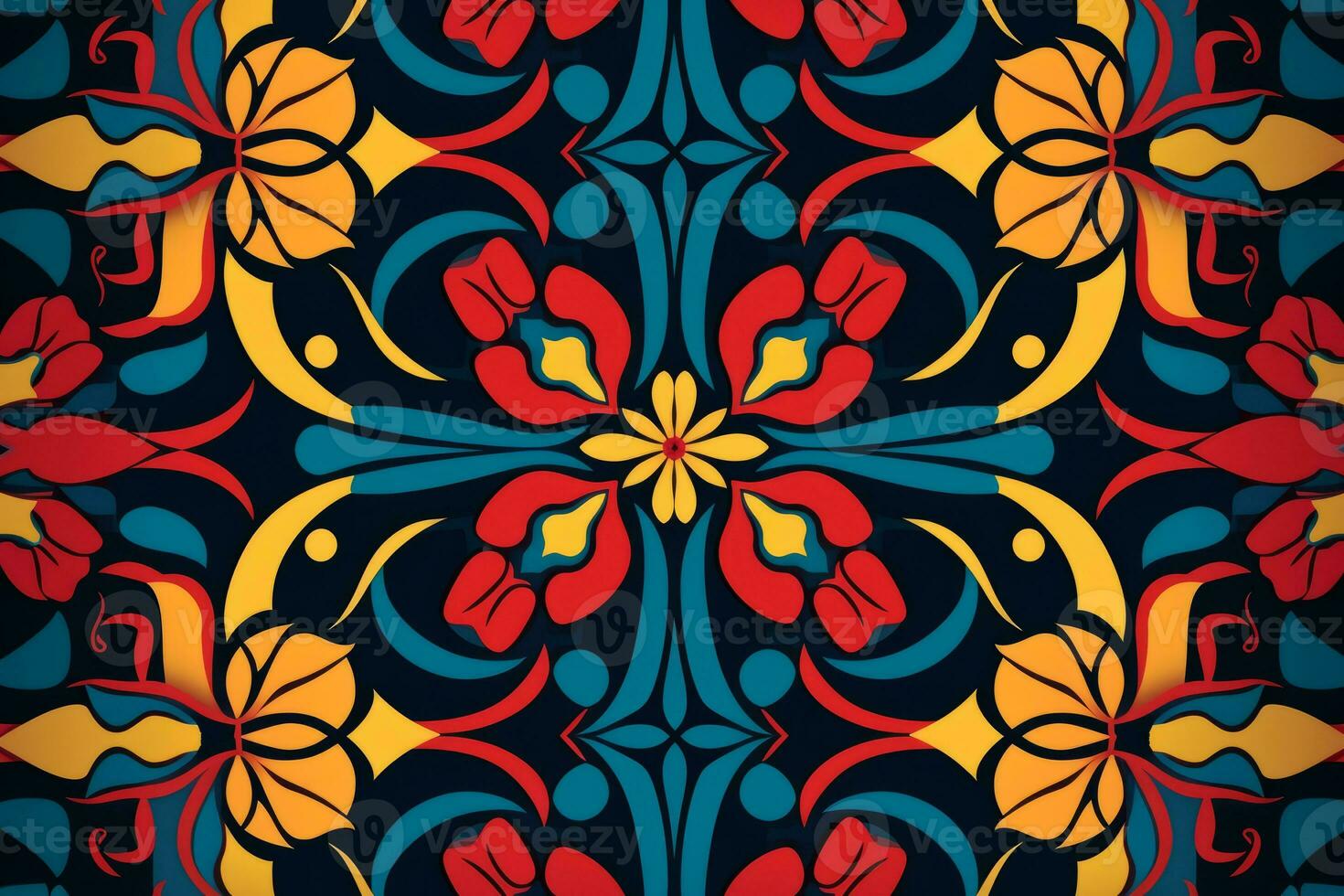 seamless floral pattern with red yellow and blue flowers on a black background generative AI photo
