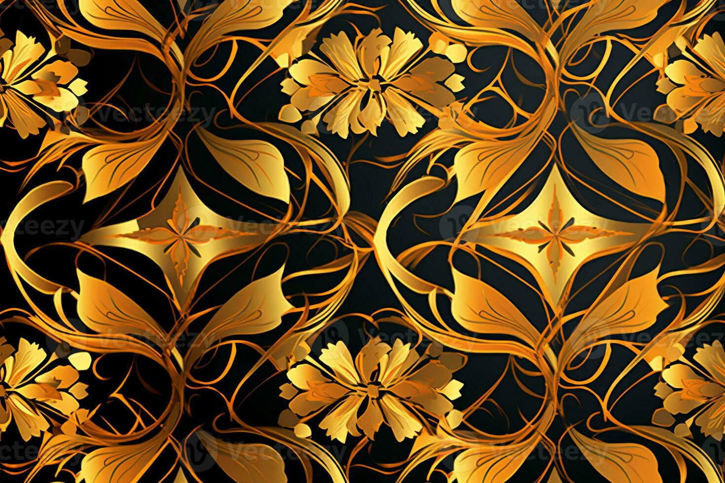 seamless golden floral pattern on a black background generative AI photo