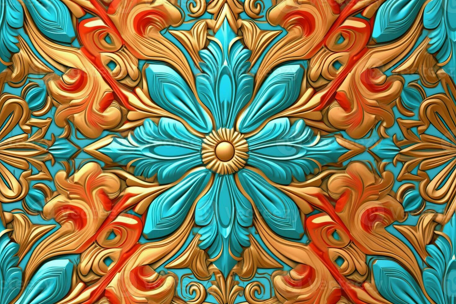 seamless pattern with gold and blue flowers on a blue background generative AI photo