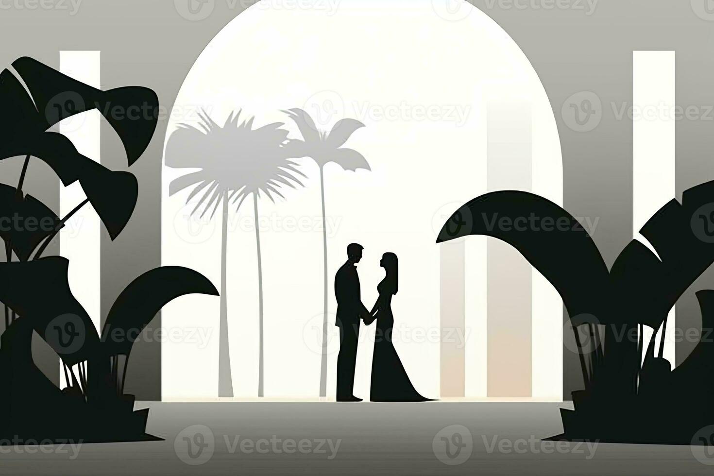 silhouette of a bride and groom standing in front of palm trees generative AI photo