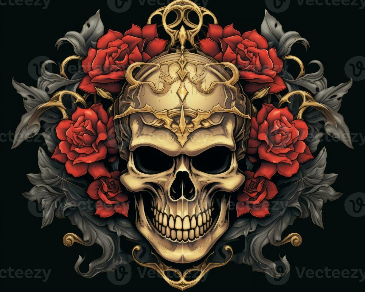 skull with roses on a black background generative AI photo
