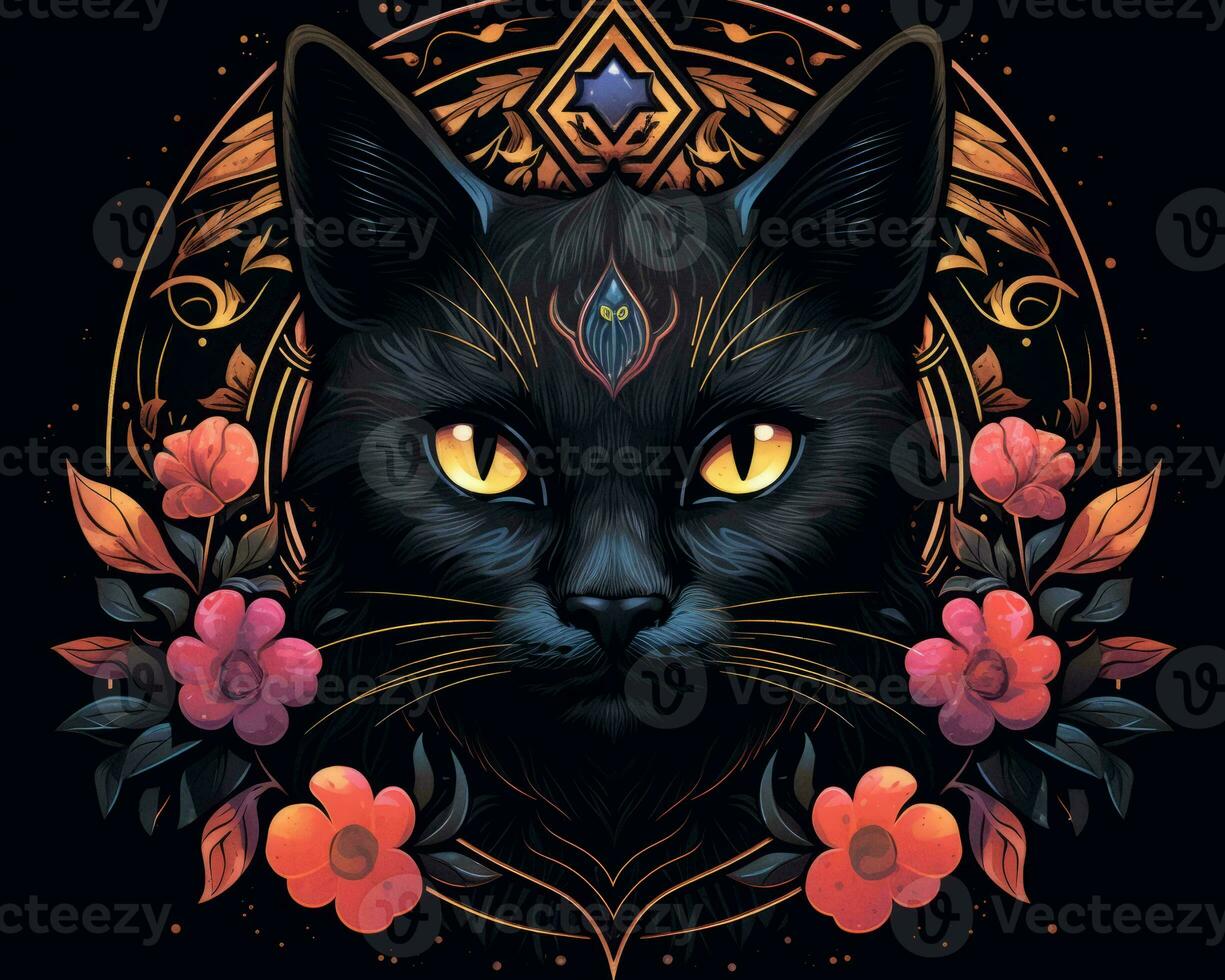 the black cat is surrounded by flowers generative AI photo