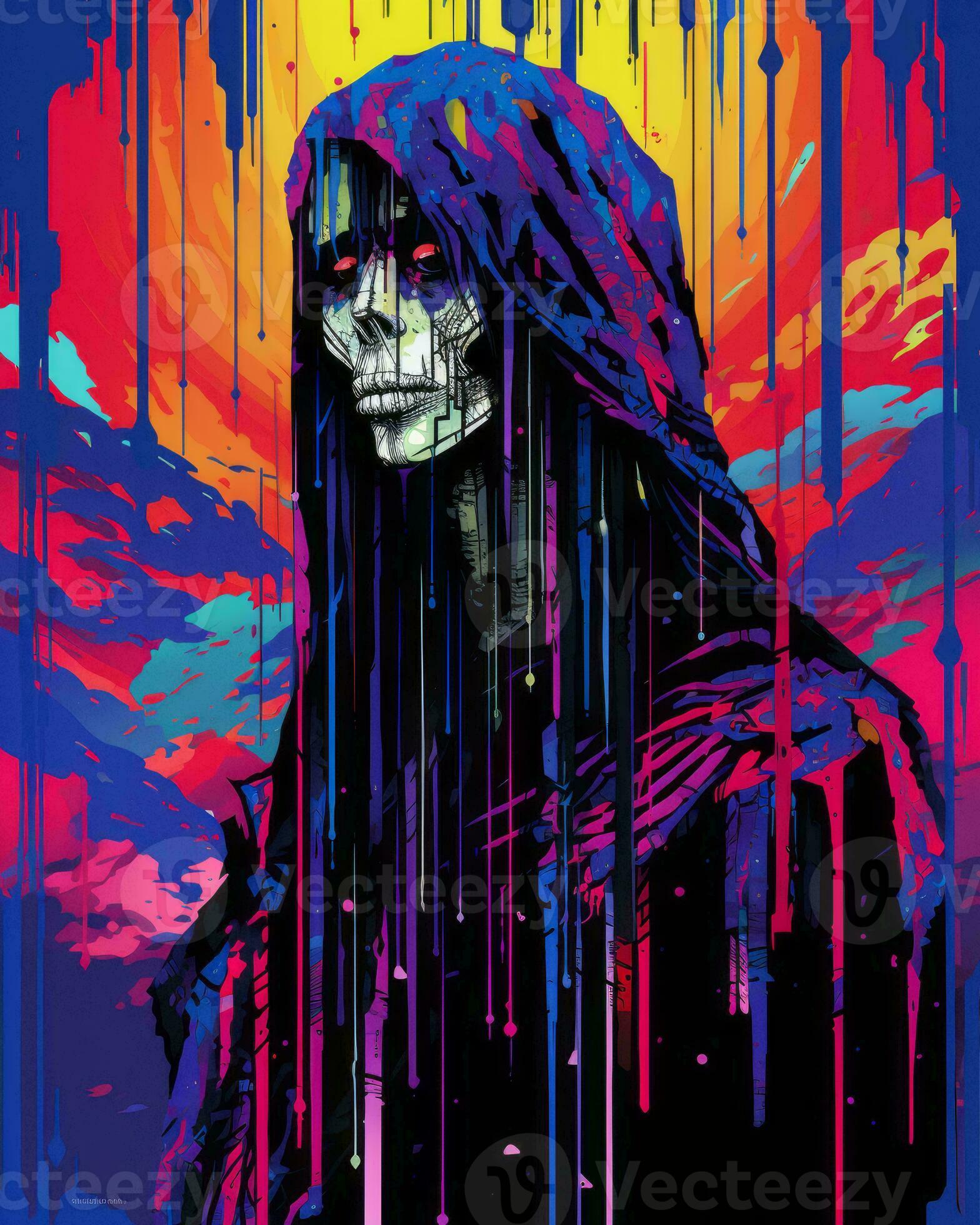 the grim reaper with colorful paint dripping down his face generative