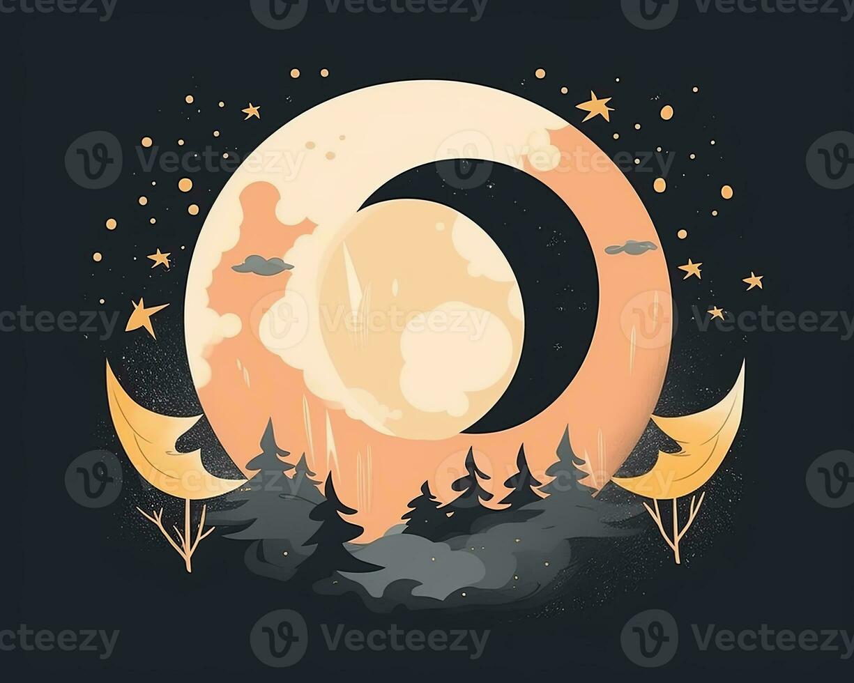 the moon and stars are in the night sky with trees in the background generative AI photo