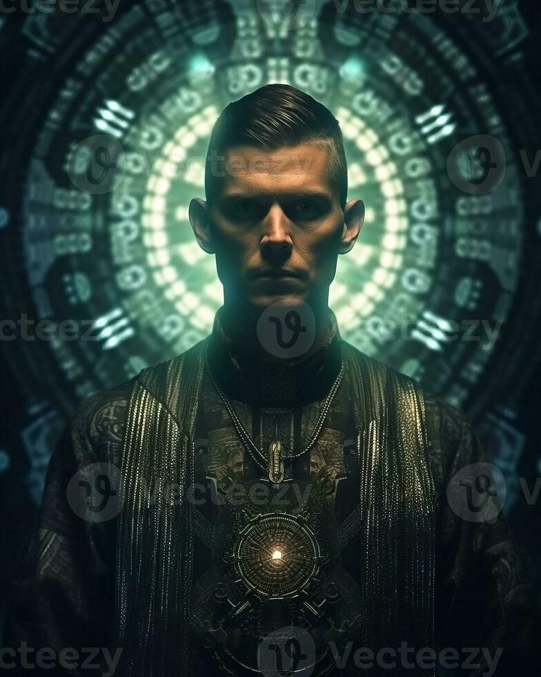 the man is standing in front of a futuristic background generative AI photo